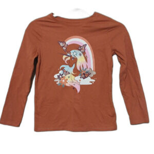 NWT Cat & Jack top Kids 7/8 autumnal orange long sleeve t-shirt Unicorn Rainbow